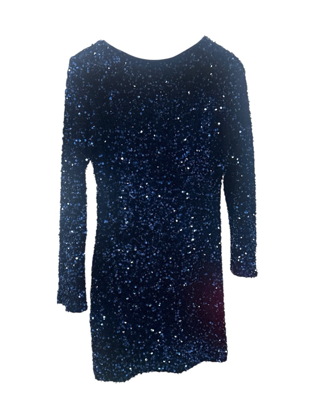 Navy Stretch Long Sleeve Sequins Dress Low Scoop Back Lined S